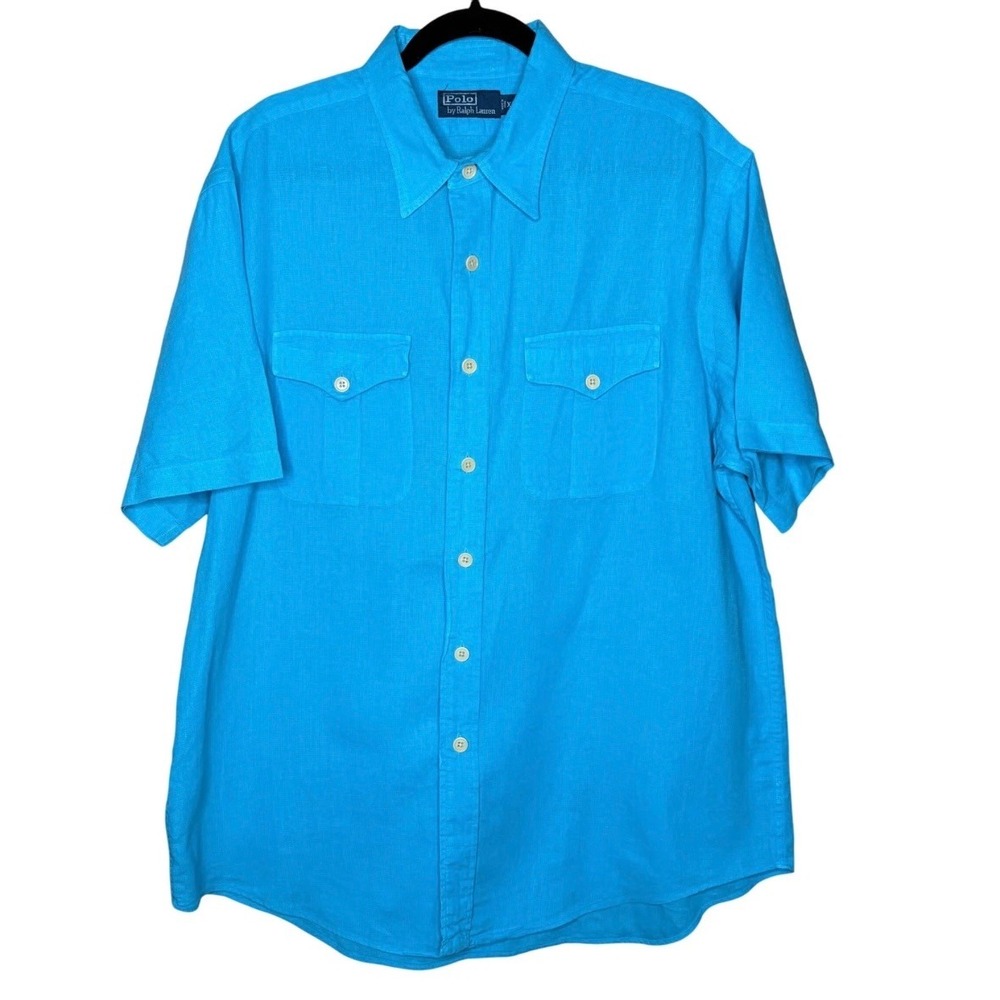 Polo Ralph Lauren Mens XL Light Blue Linen Button Down Shirt Safari